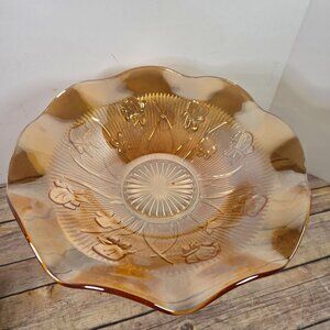 Vintage Jeanette Glass Iris Marigold Bowl With Embossed Floral Design Ruffled Ed